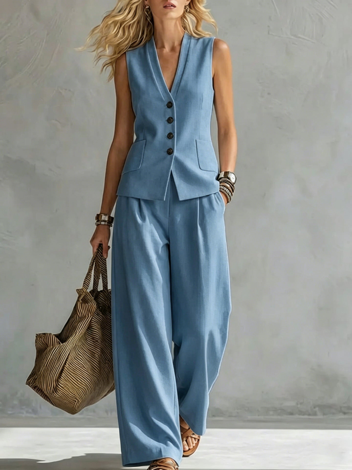 Two-piece V-Neck Sleeveless Vest And Wide Leg Pants For Women Summer Solid-Colored Sleeveless Casual Linen Tank Top And Pants Set