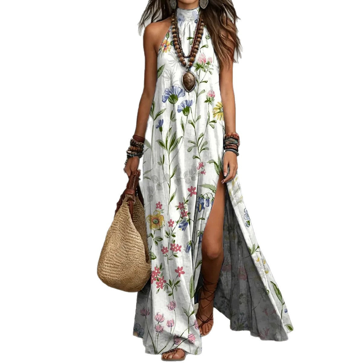 Split Sleeveless Multicolored Printed Maxi Dress