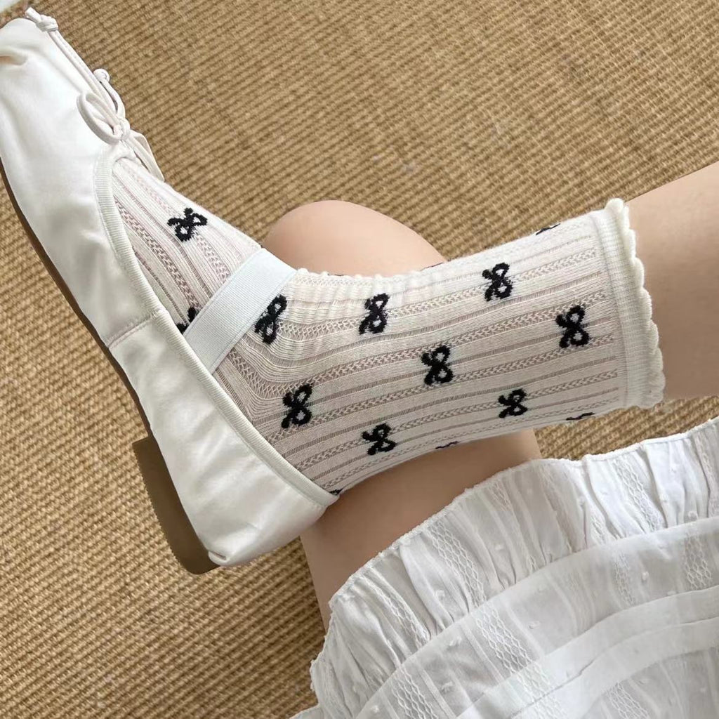 Coquette Polka Dot & Bow Print Crew Socks, Ruffle Cuff Knit Socks, Women's Sweet Casual Socks For Everyday & Preppy Style