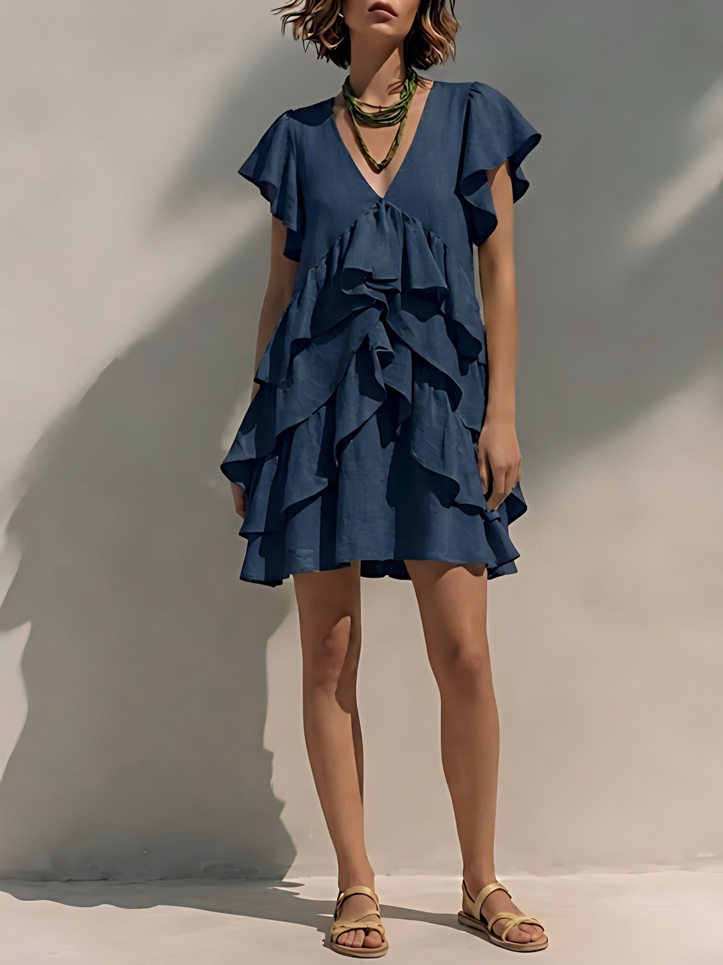 Women's V-Neck Ruffled-Edge Short-Sleeve Casual Loose Dress