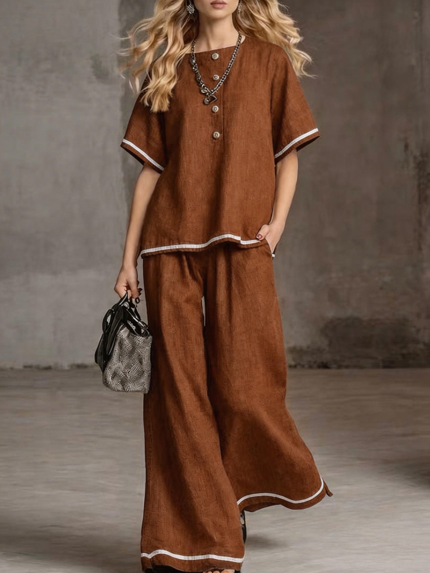 Contrast-color Wide-leg Pants Suit, Linen Casual Fashion Two-piece Set