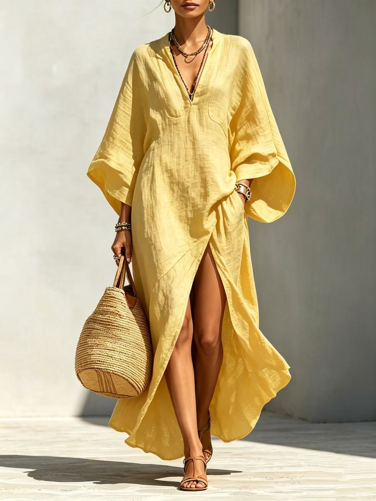 Batwing-sleeve Loose-fitting Maxi-length Resort Dress