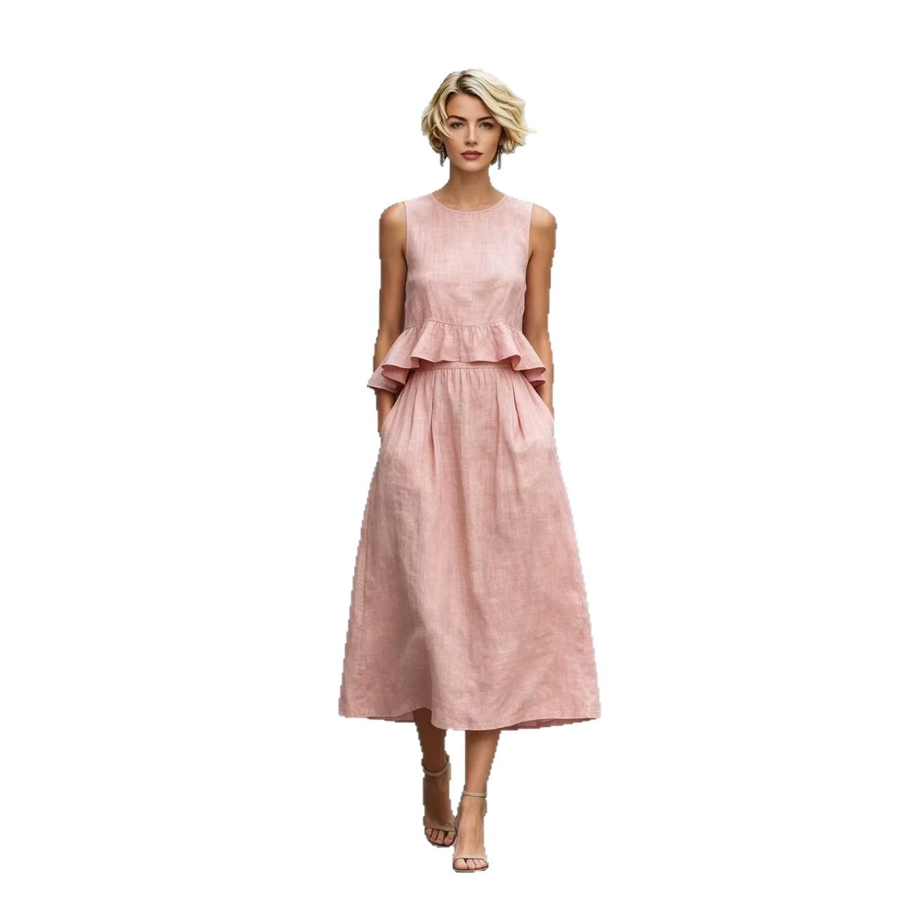Sleeveless Crew-Neck High-Waisted Ruffle-Trim Resort-Style Dress