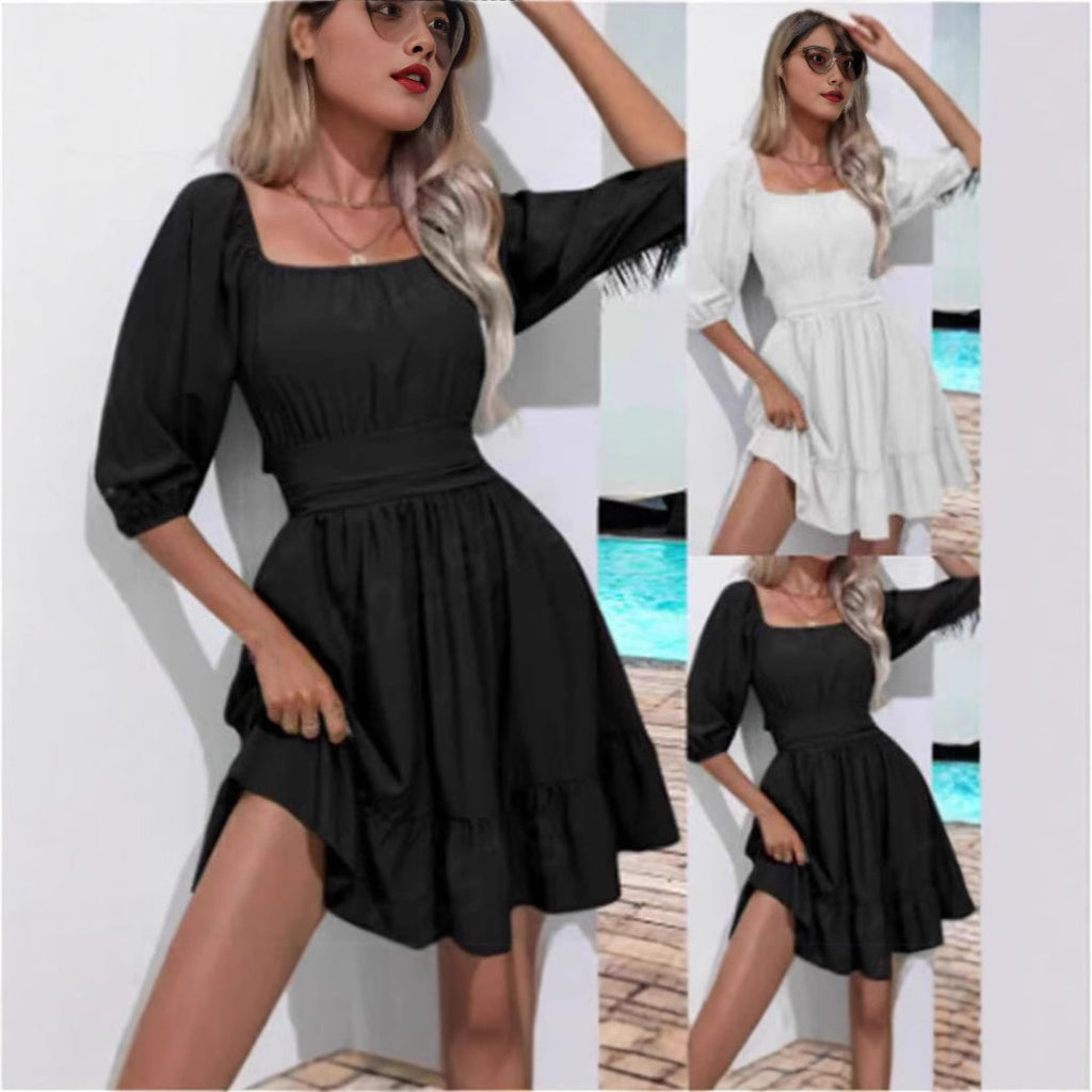 Women's Ruffle-trimmed Square-neck Lace-up Dress