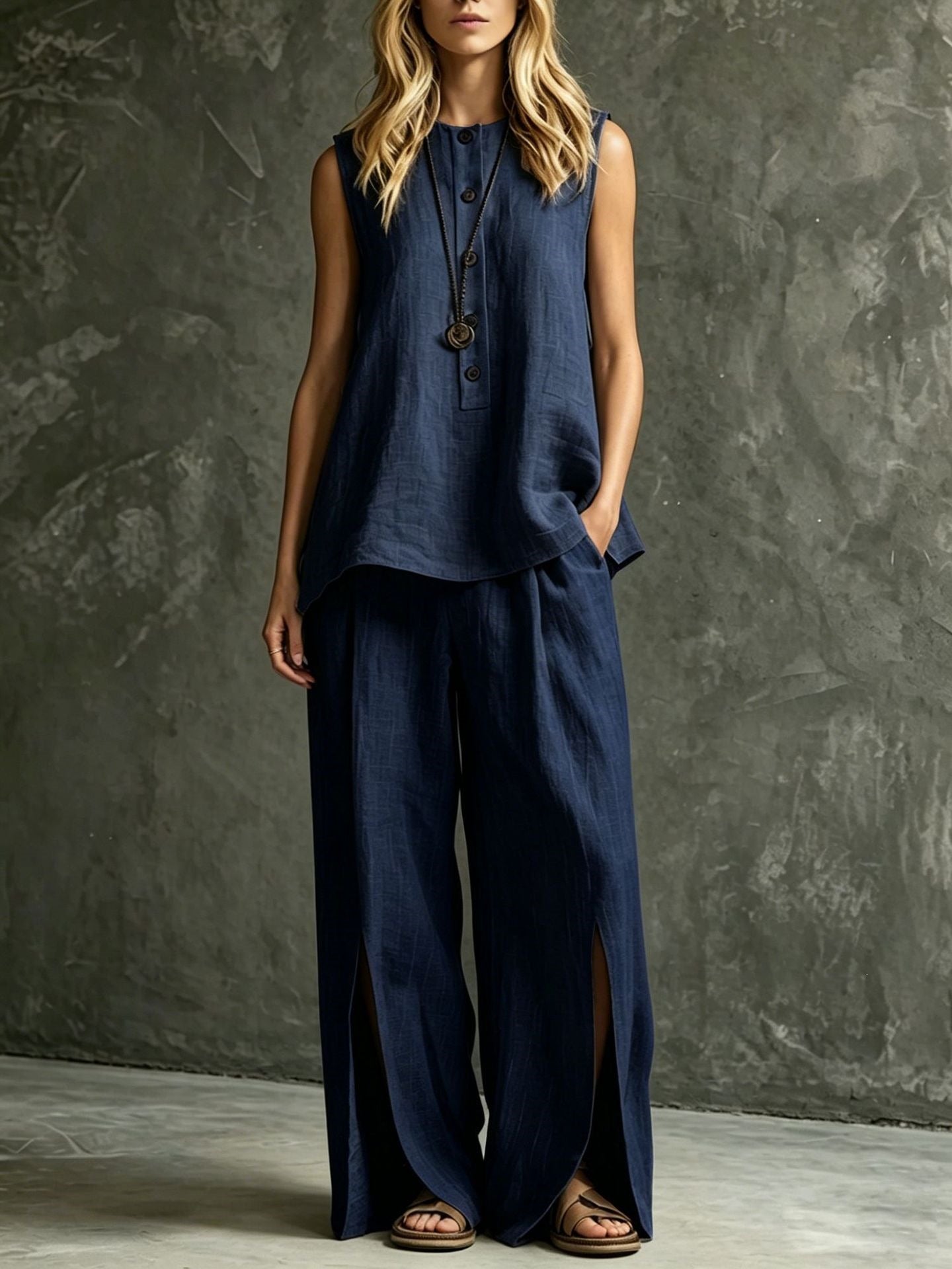 Womens Loose Sleeveless Tank Top And Slit Wide-Leg Pants Set