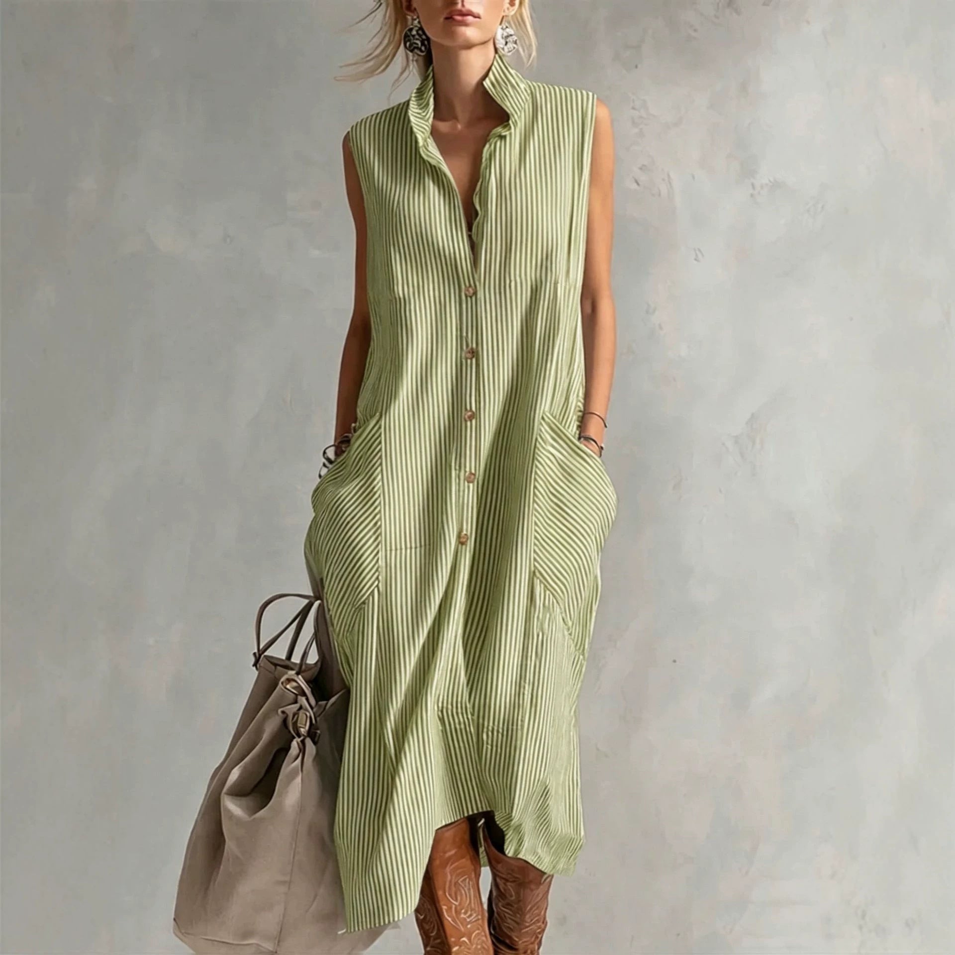 New Lapel-Neckline Pocketed Striped Sleeveless Button-Up Casual Dress