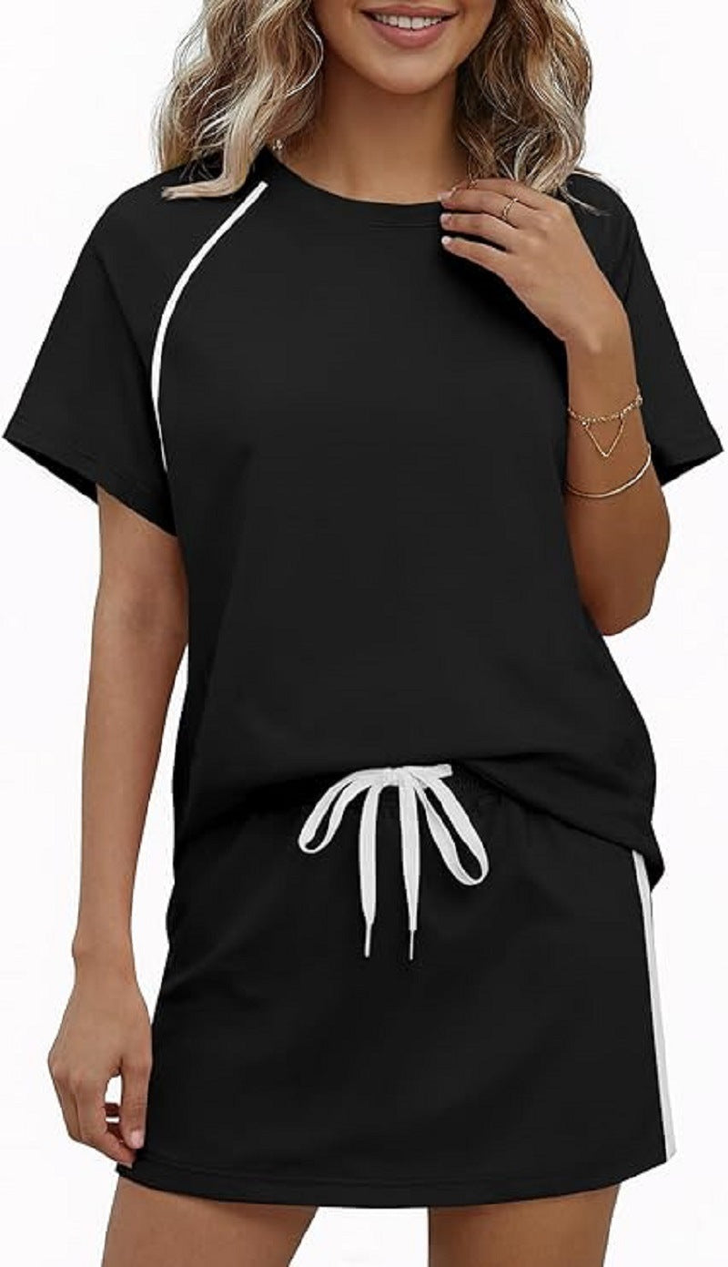 Round-neck Short-sleeve Drawstring Athletic Casual Fashion Set