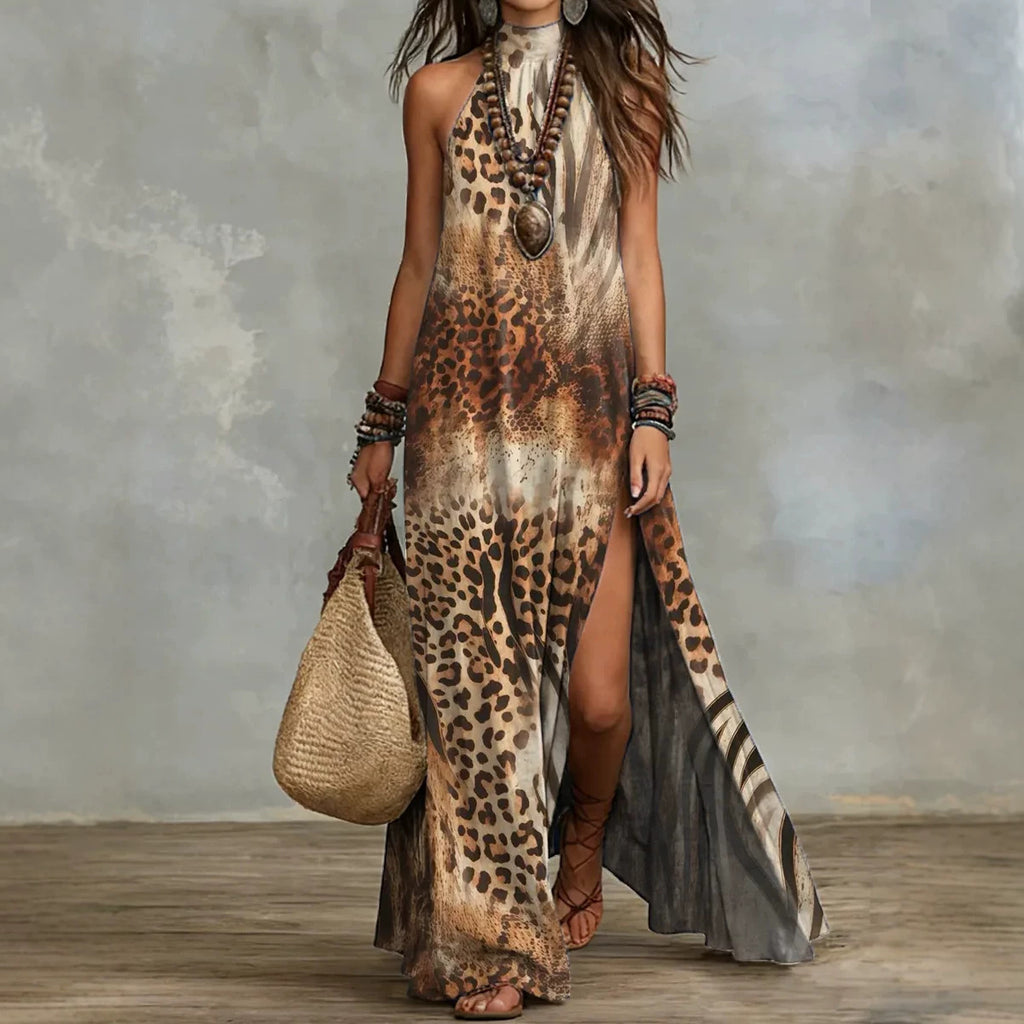 Split Sleeveless Multicolored Printed Maxi Dress