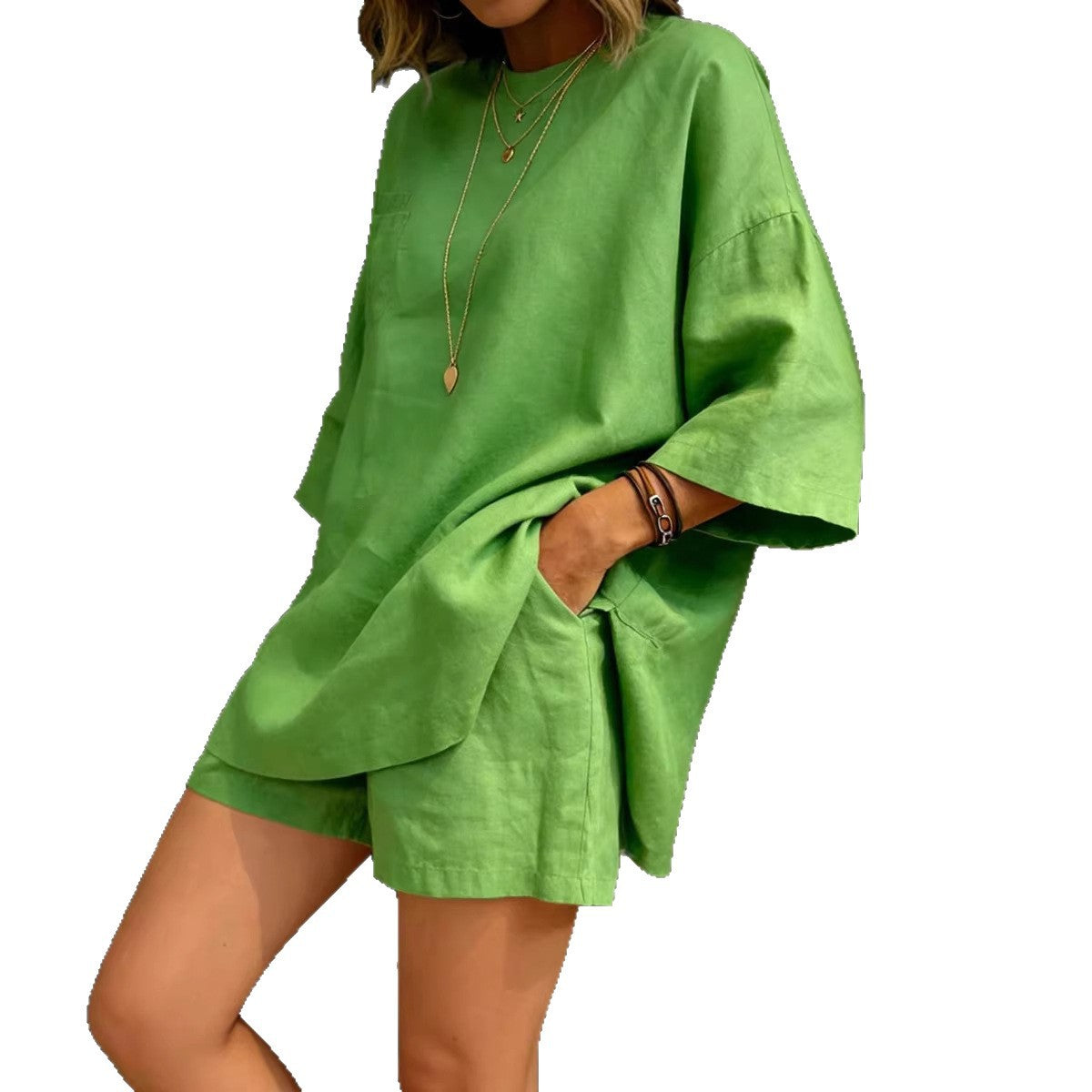 Women's Loose-fitting Short-sleeve And Shorts Set
