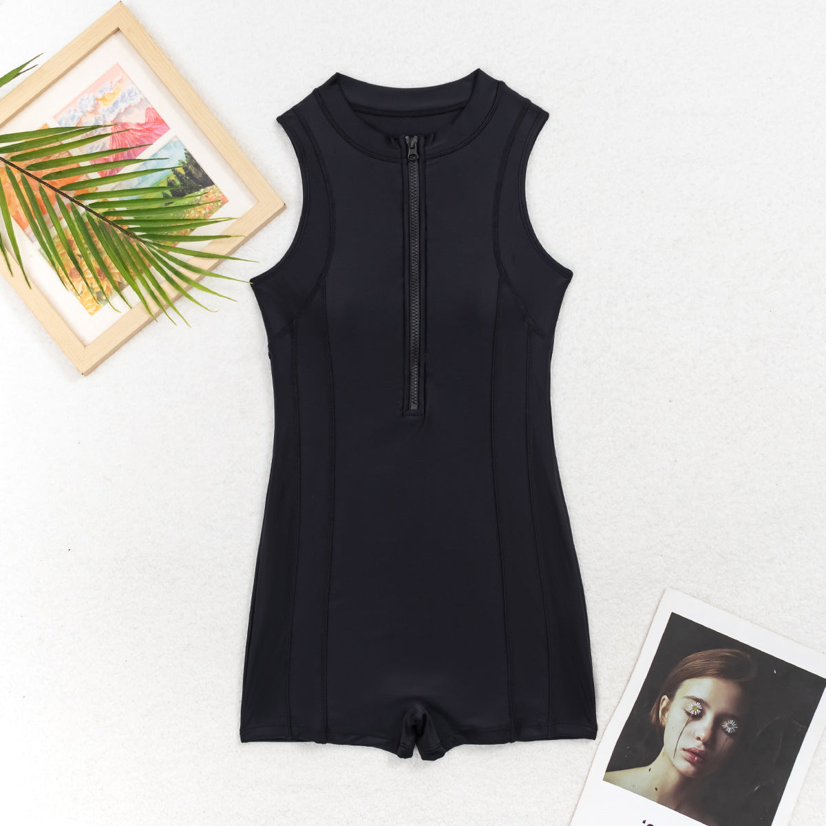Womens Conservative Solid-Color Zip-Up Sleeveless Tank Top Athletic Jumpsuit