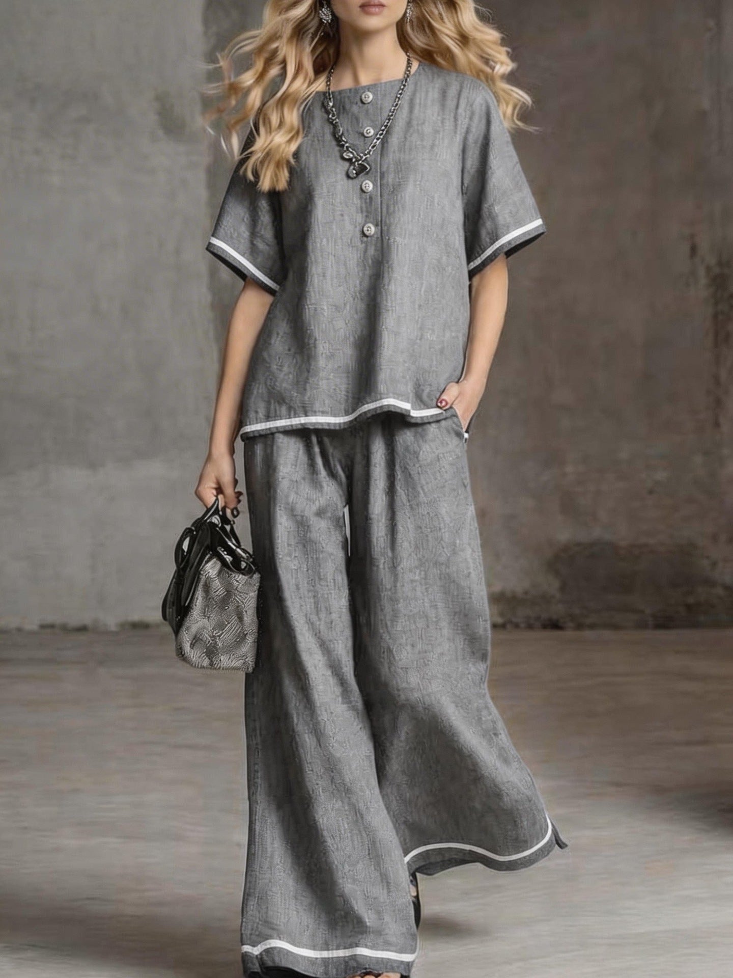 Contrast-color Wide-leg Pants Suit, Linen Casual Fashion Two-piece Set