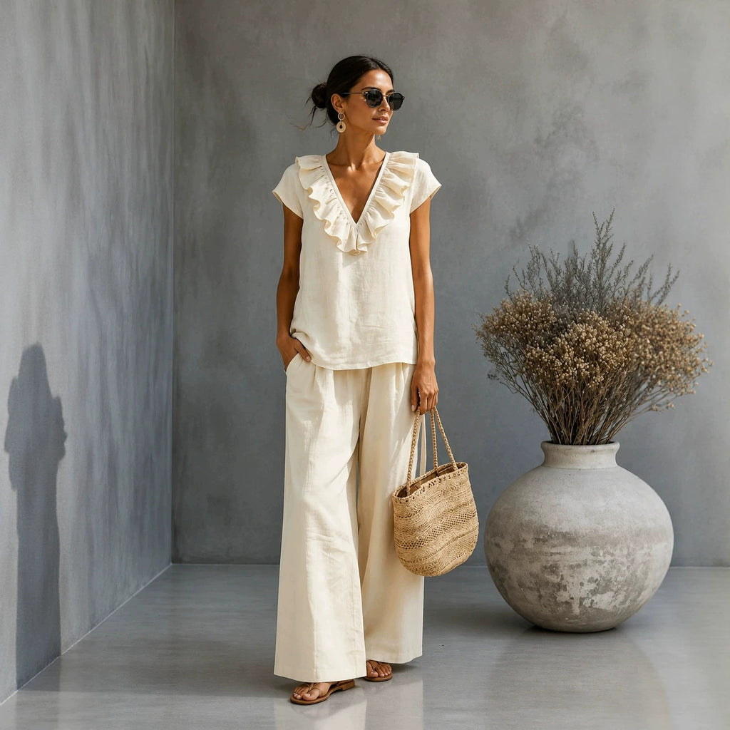 Women's V-neck Ruffled Hem Wide-leg Pants Set
