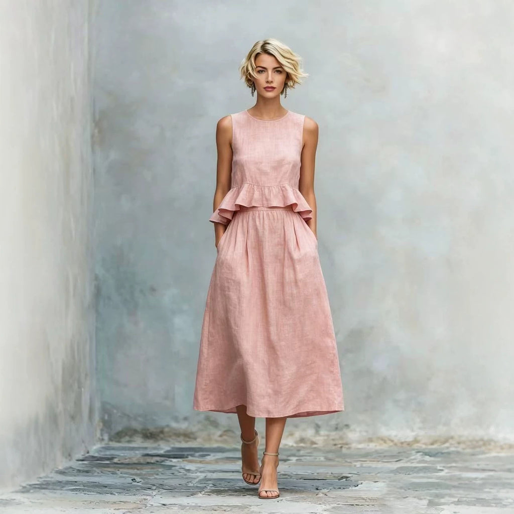 Sleeveless Crew-Neck High-Waisted Ruffle-Trim Resort-Style Dress