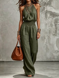 Womens Sleeveless Backless Cinched Waist Lace-up Halter Wide-leg Jumpsuit