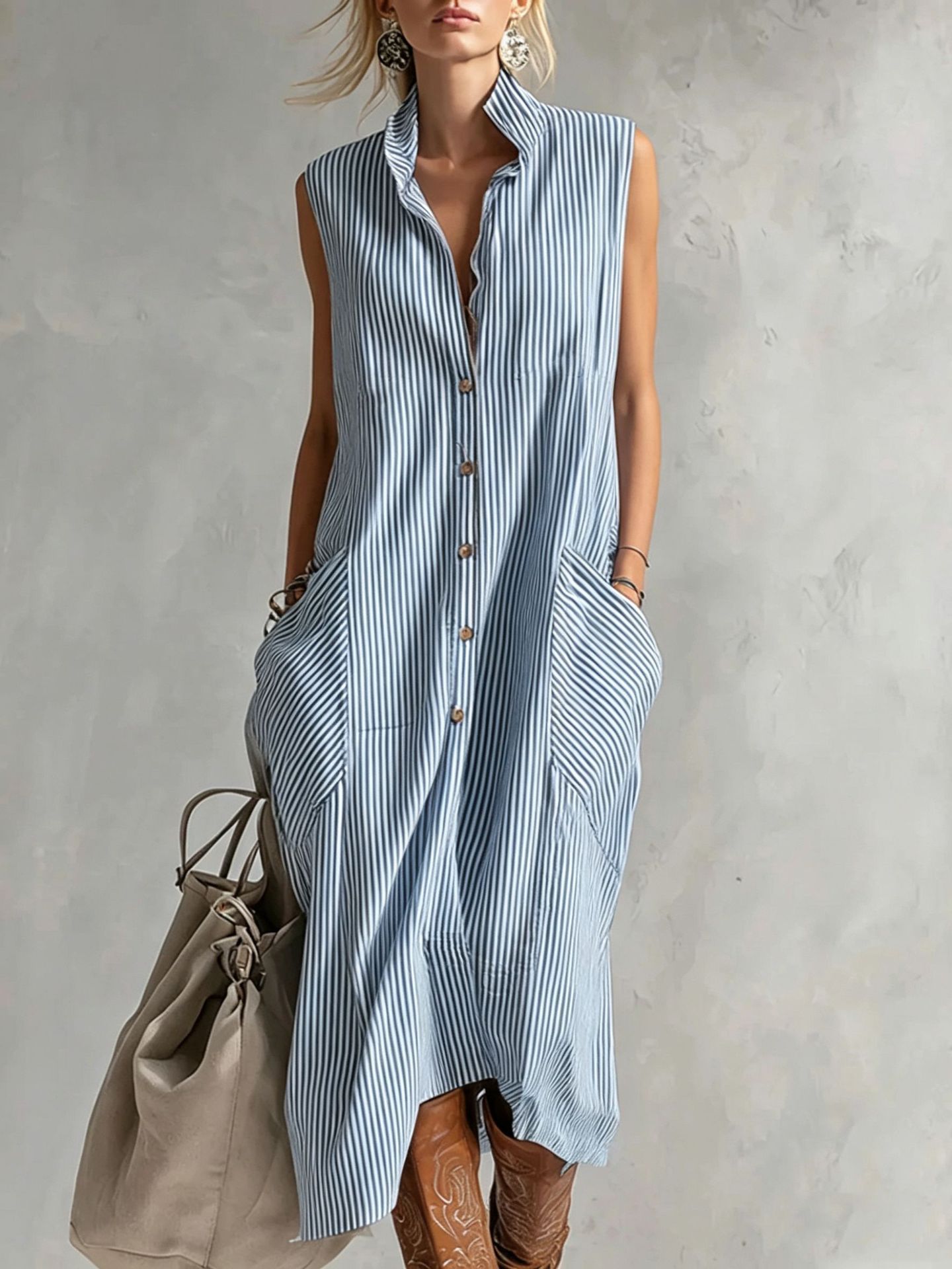 New Lapel-Neckline Pocketed Striped Sleeveless Button-Up Casual Dress
