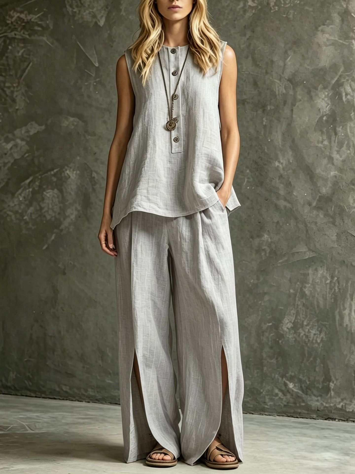 Womens Loose Sleeveless Tank Top And Slit Wide-Leg Pants Set