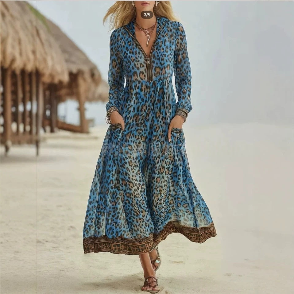 Retro Casual Leopard-Print Hooded Maxi Dress