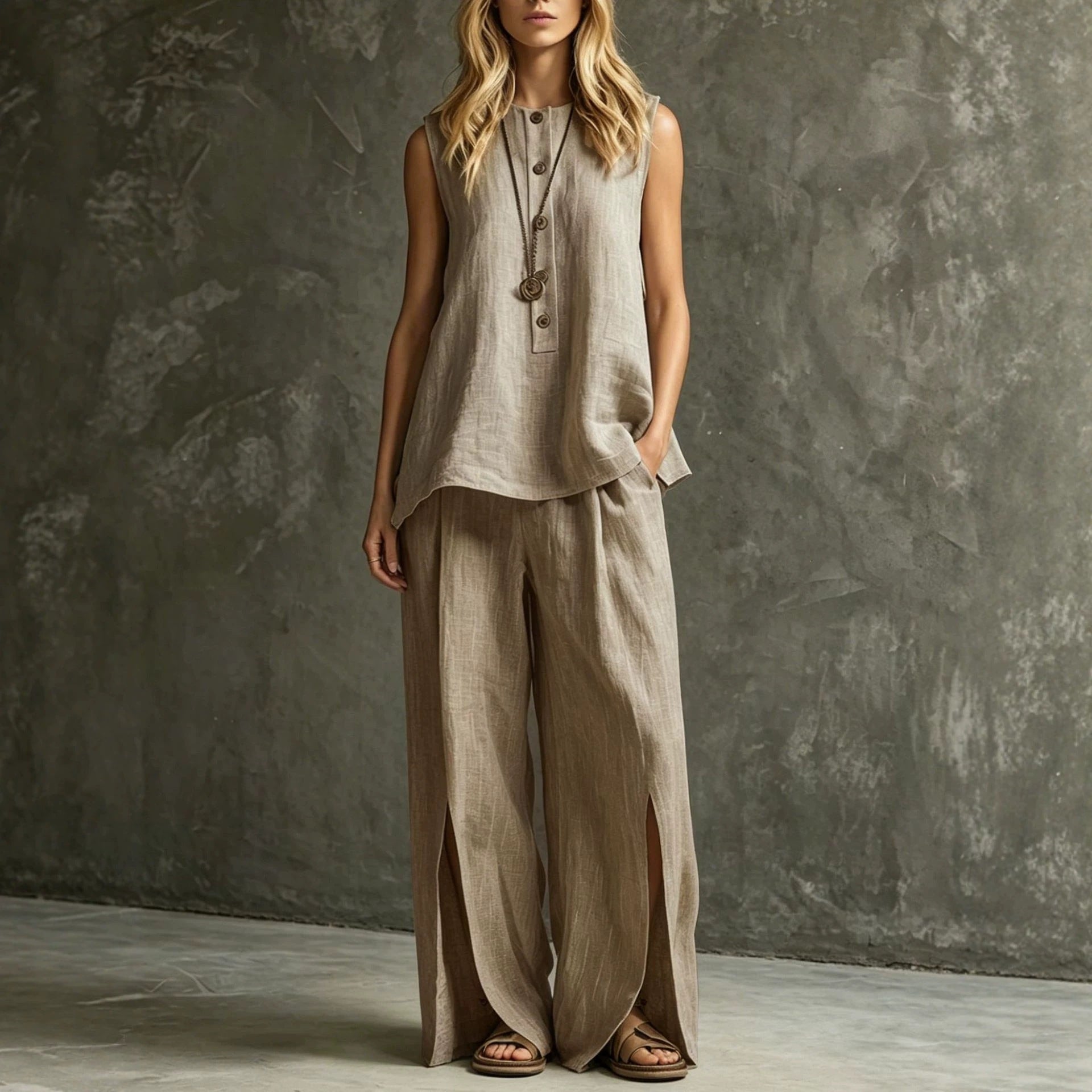 Womens Loose Sleeveless Tank Top And Slit Wide-Leg Pants Set