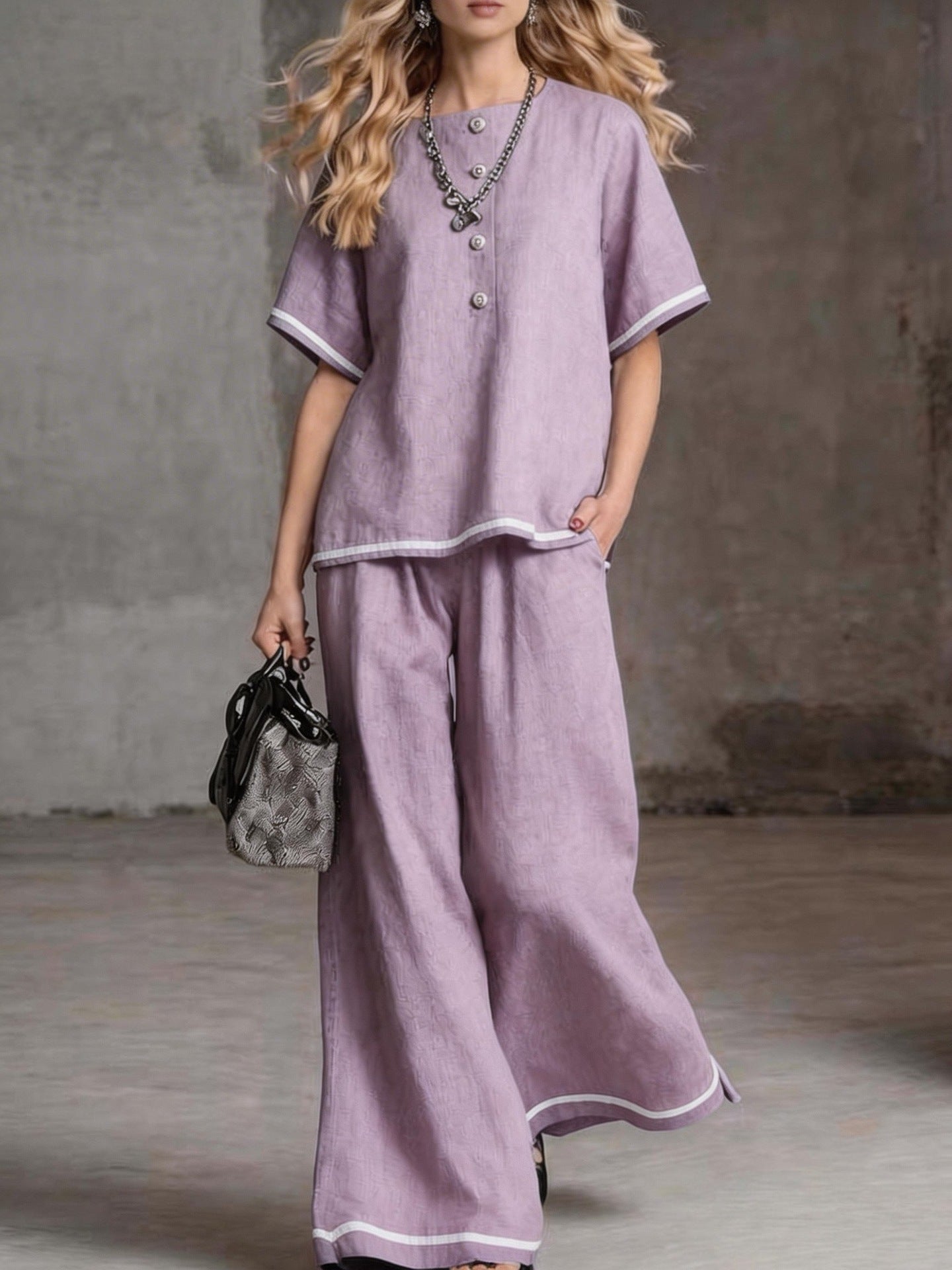 Contrast-color Wide-leg Pants Suit, Linen Casual Fashion Two-piece Set
