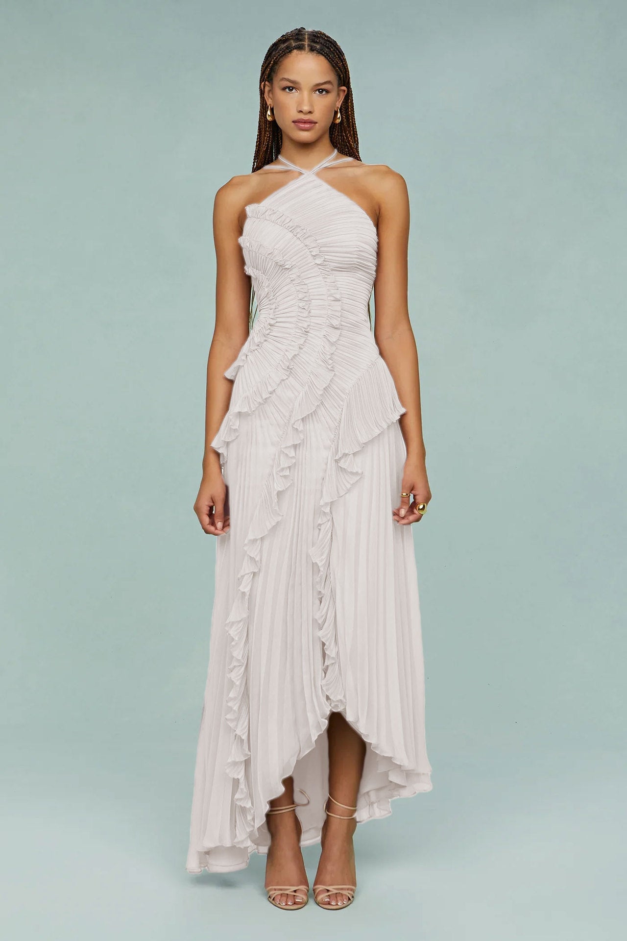 Ruffled Pleated Halterneck Dress Summer Irregular Hem Dresses Party Club Evening Gown Clothing