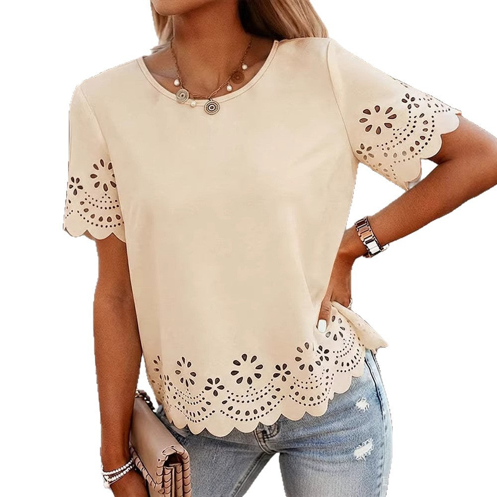 Crew-neck Short-sleeve Hollow-out Embroidered T-shirt Top
