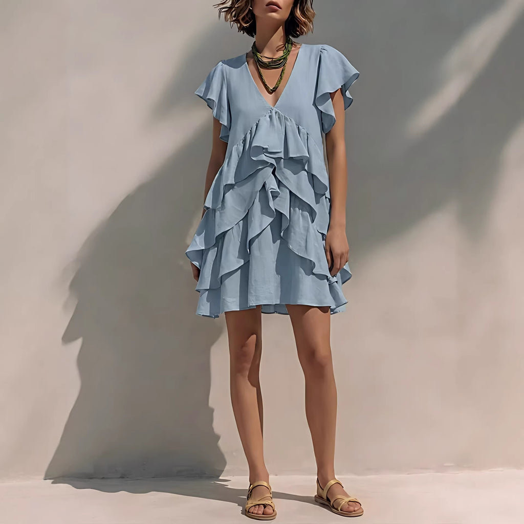 Women's V-Neck Ruffled-Edge Short-Sleeve Casual Loose Dress