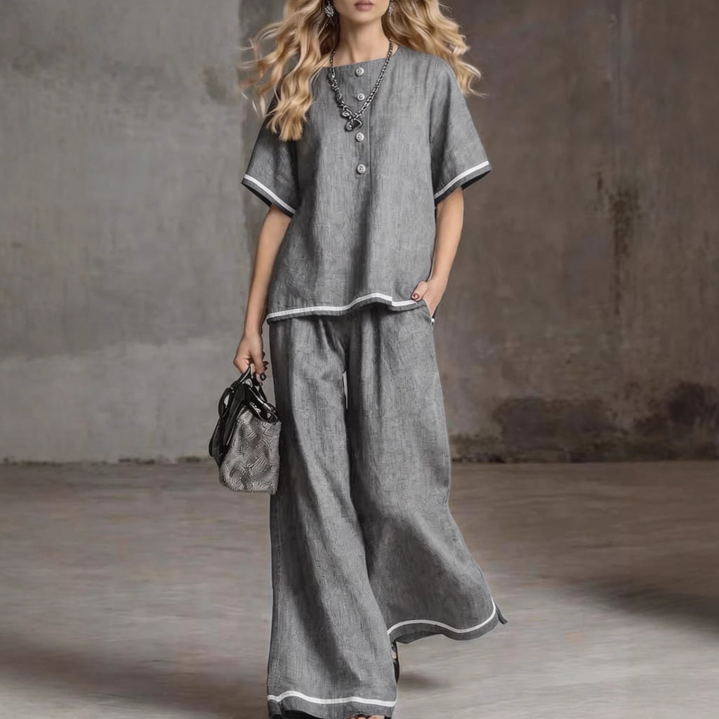 Contrast-color Wide-leg Pants Suit, Linen Casual Fashion Two-piece Set
