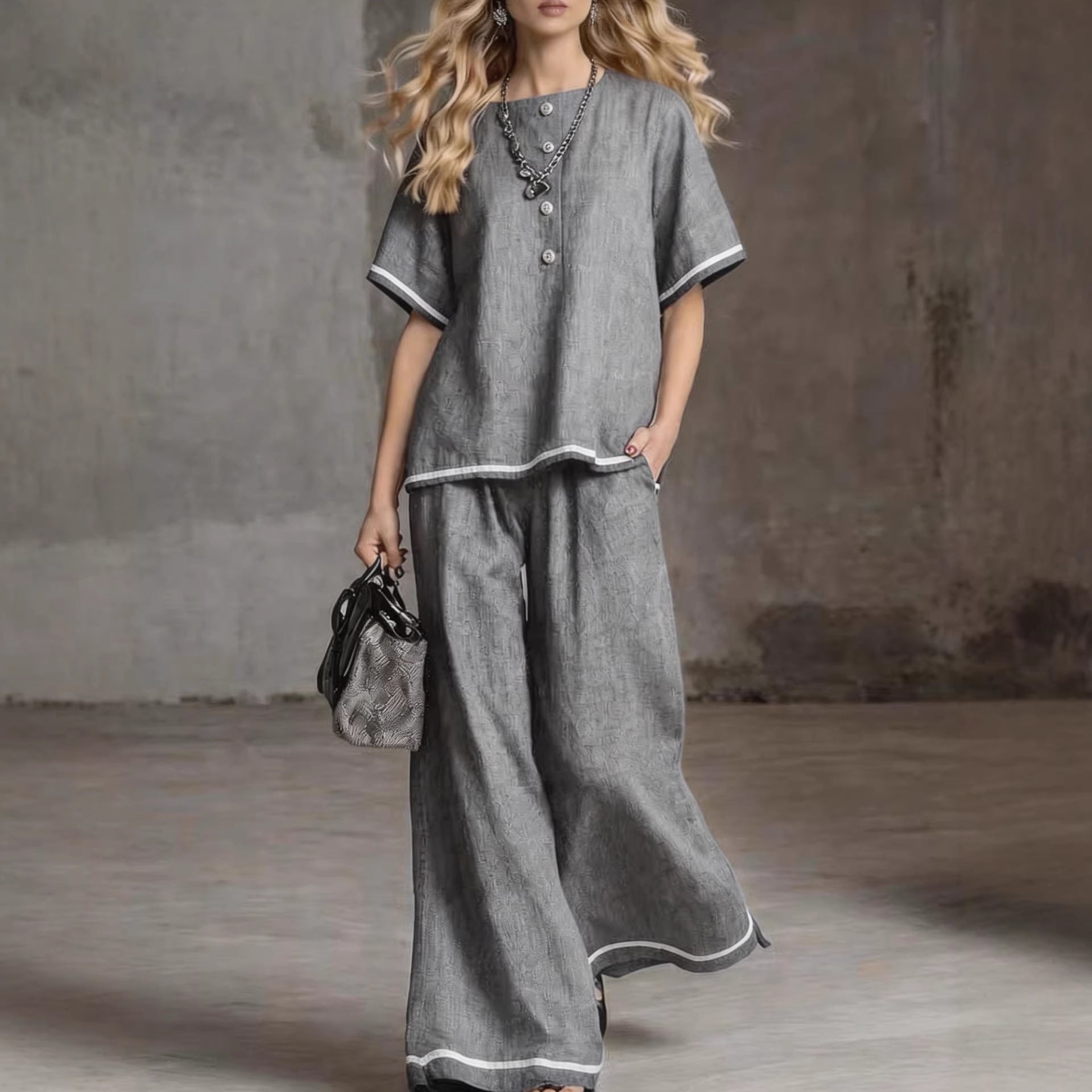 Contrast-color Wide-leg Pants Suit, Linen Casual Fashion Two-piece Set