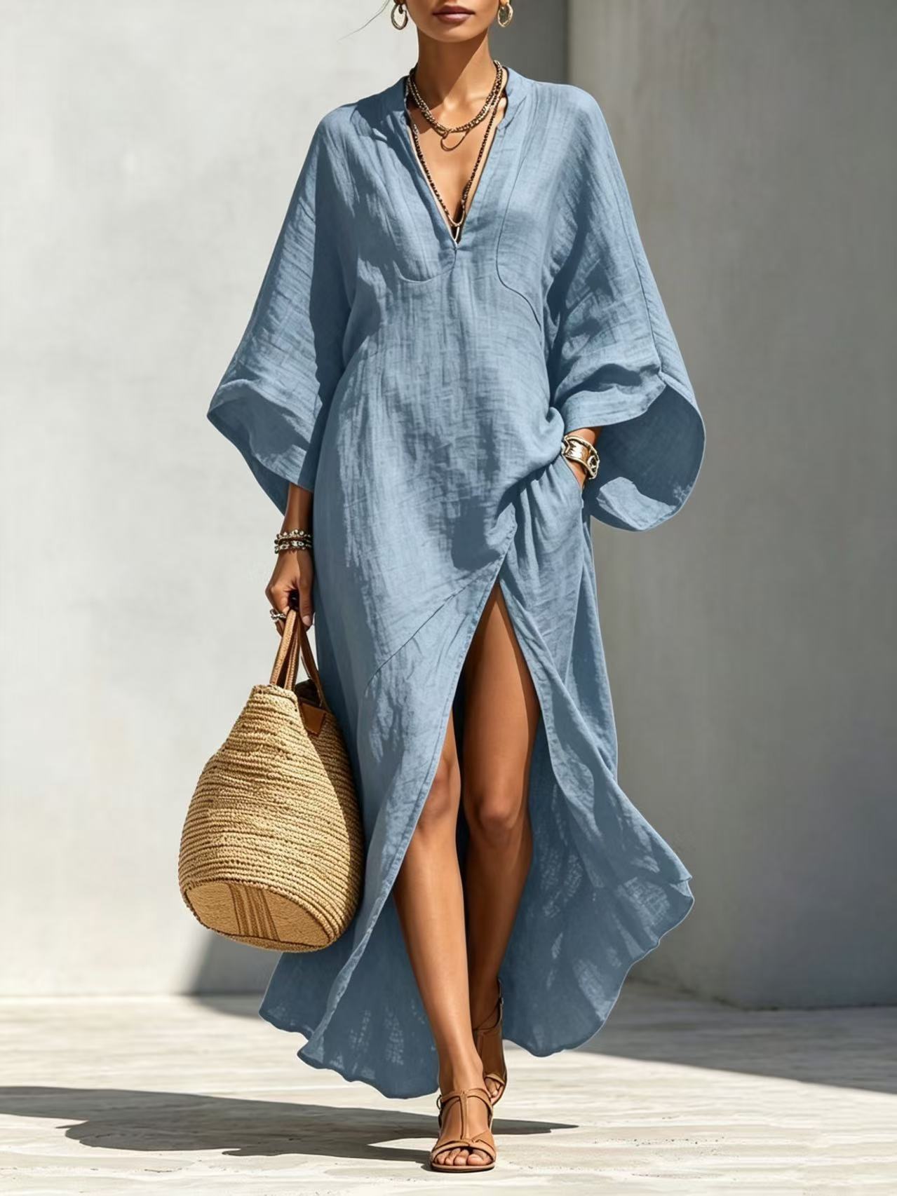 Batwing-sleeve Loose-fitting Maxi-length Resort Dress