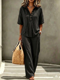 Womens Polo-Neck Button-Up Top And Wide-Leg Pants Two-Piece Set