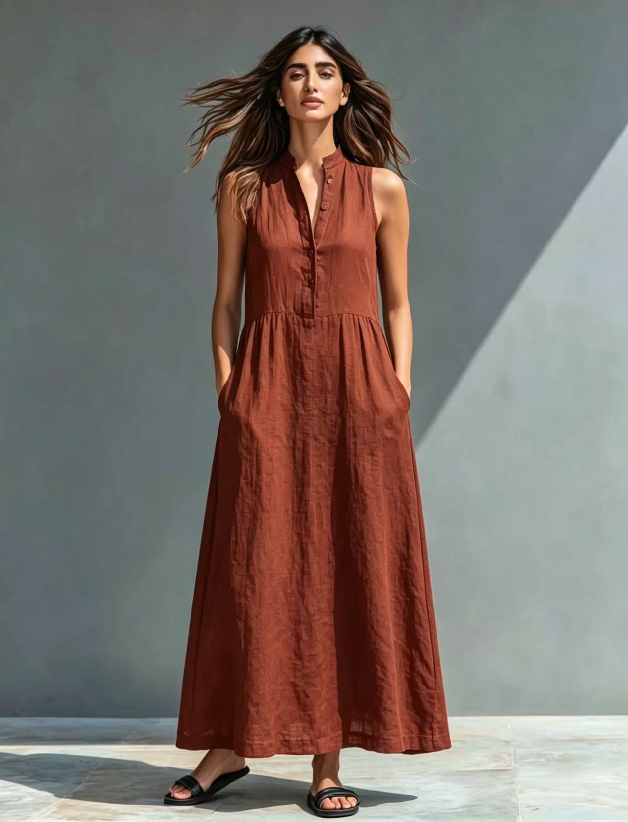 Resort-style Stand-collar Maxi Dress