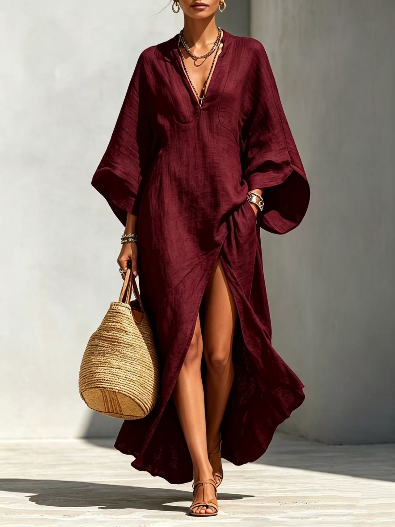 Batwing-sleeve Loose-fitting Maxi-length Resort Dress