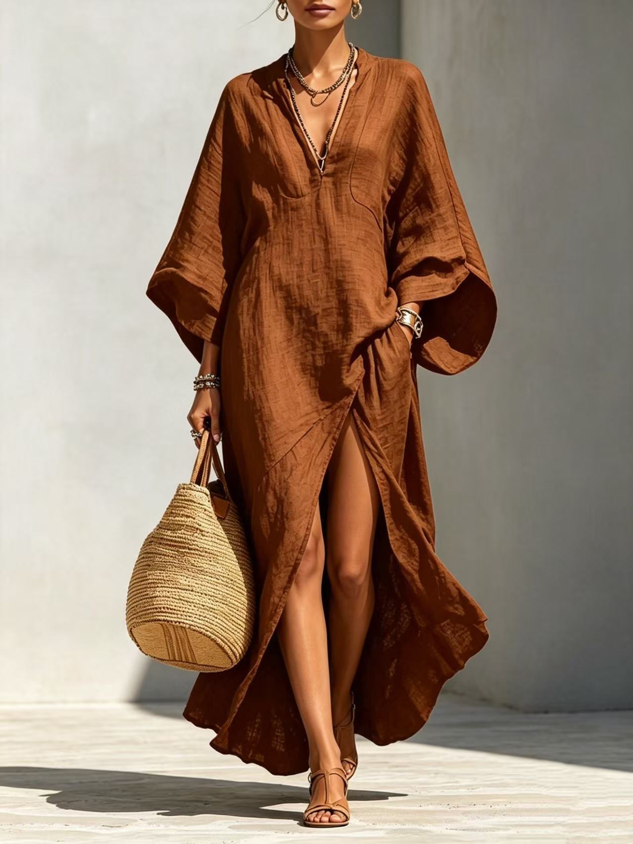 Batwing-sleeve Loose-fitting Maxi-length Resort Dress