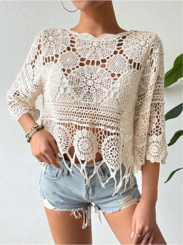 Crochet Hollow-Out Knit Top Solid Color Beach Bikini Cover-Up Skin-Friendly Tassel Casual Blouse