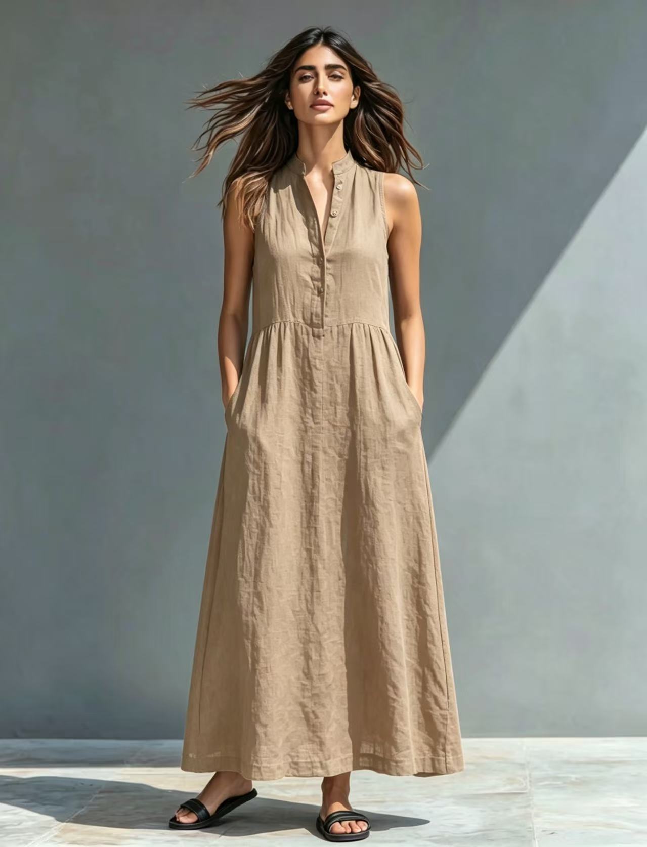 Resort-style Stand-collar Maxi Dress