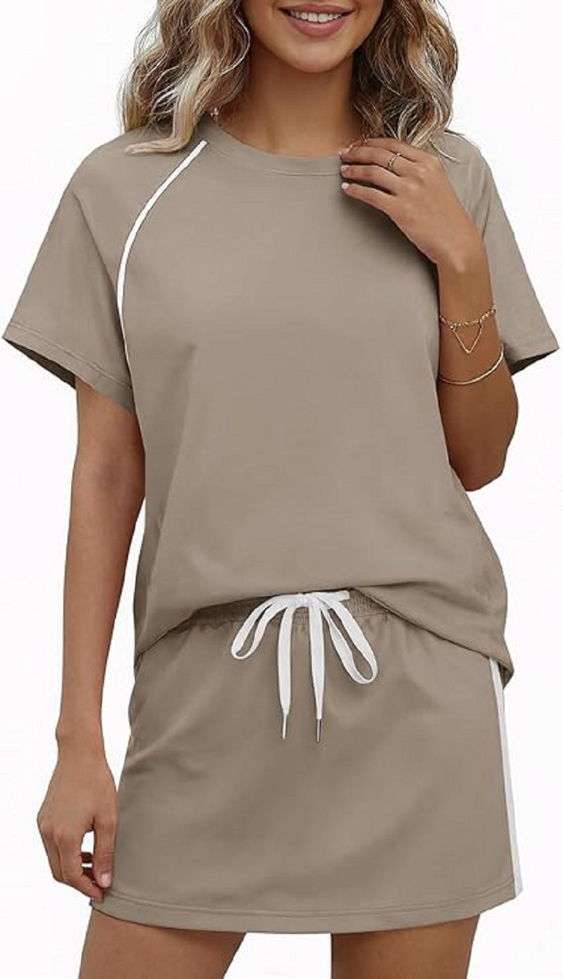 Round-neck Short-sleeve Drawstring Athletic Casual Fashion Set