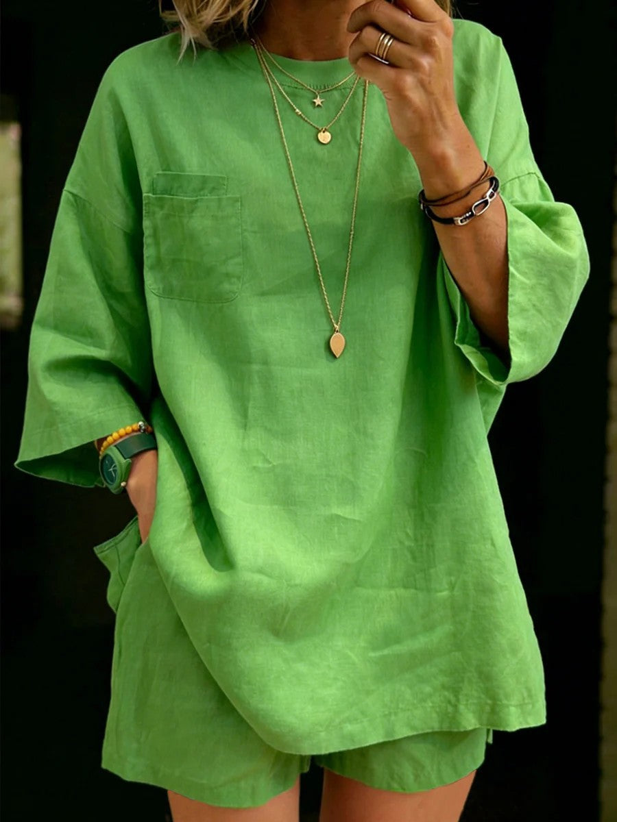 Women's Loose-fitting Short-sleeve And Shorts Set