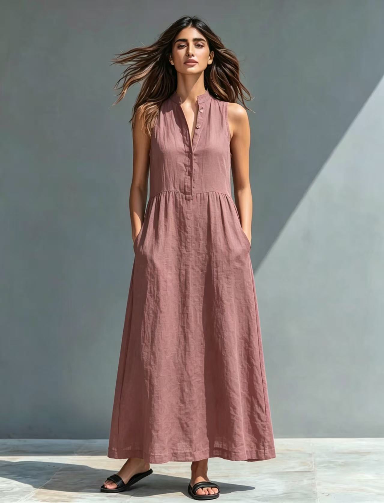 Resort-style Stand-collar Maxi Dress