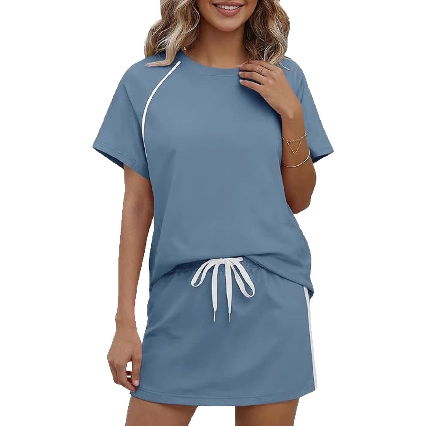 Round-neck Short-sleeve Drawstring Athletic Casual Fashion Set