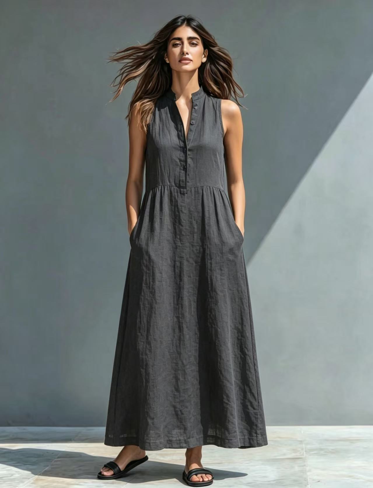 Resort-style Stand-collar Maxi Dress