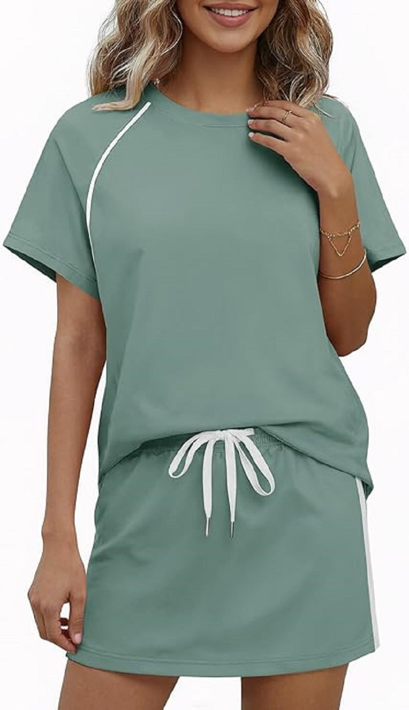 Round-neck Short-sleeve Drawstring Athletic Casual Fashion Set