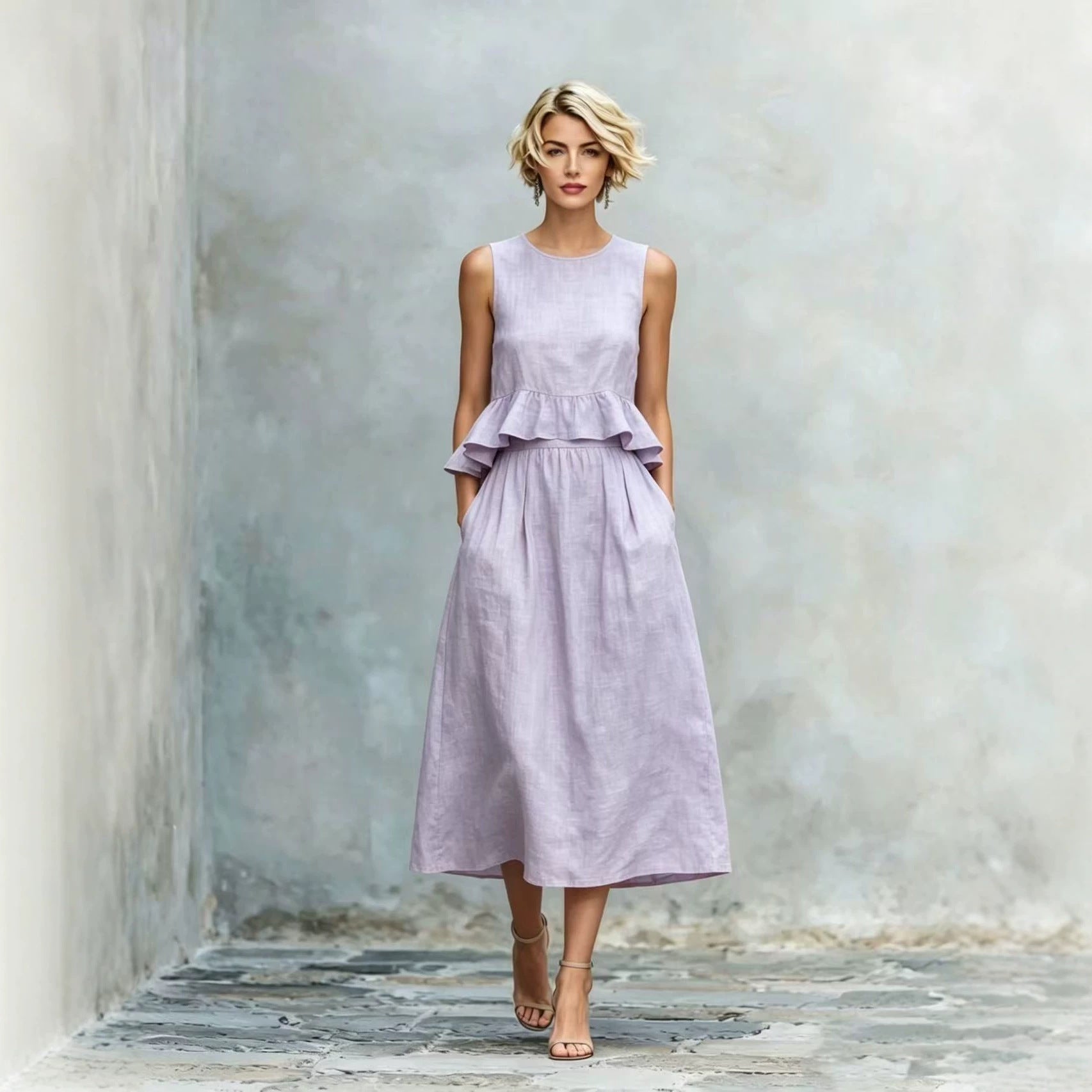 Sleeveless Crew-Neck High-Waisted Ruffle-Trim Resort-Style Dress