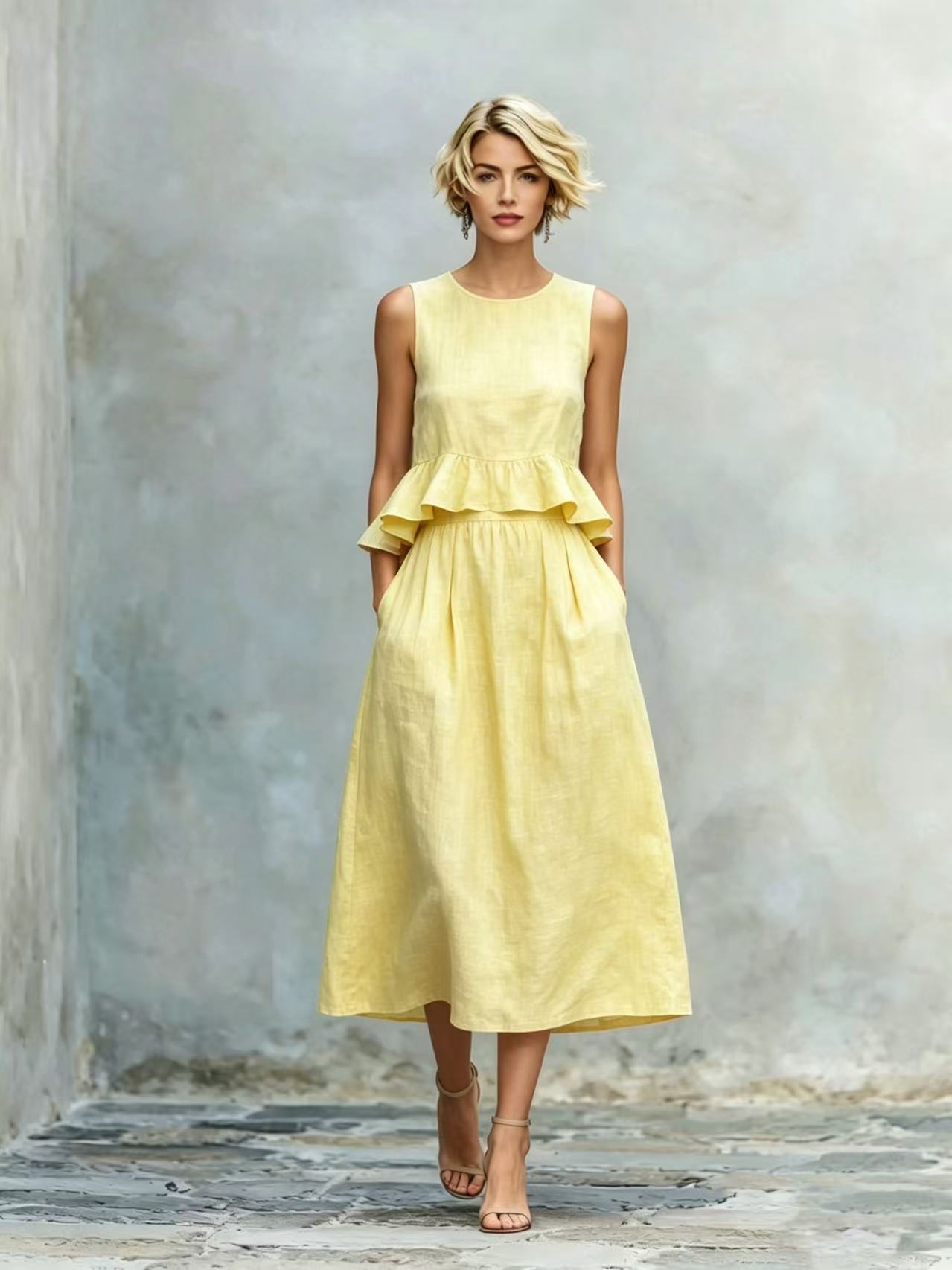 Sleeveless Crew-Neck High-Waisted Ruffle-Trim Resort-Style Dress