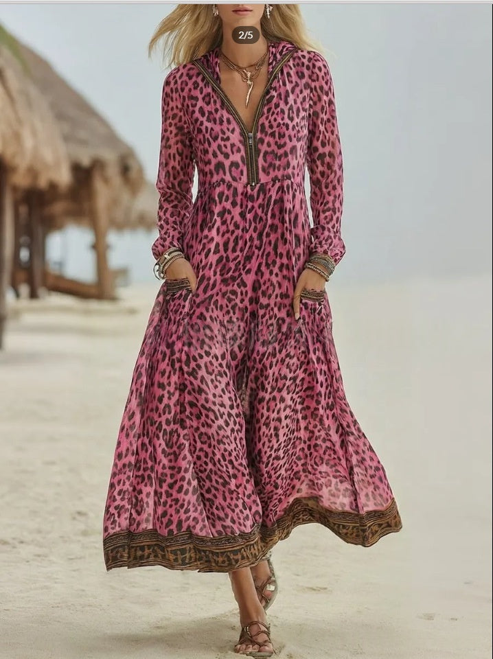 Retro Casual Leopard-Print Hooded Maxi Dress