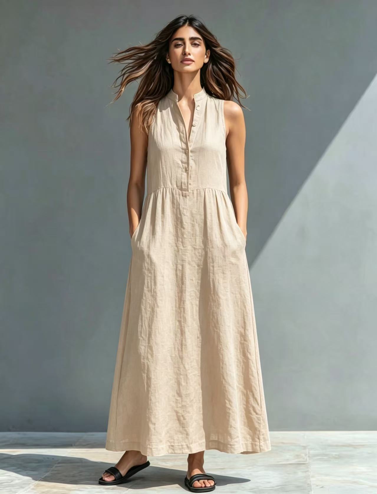 Resort-style Stand-collar Maxi Dress