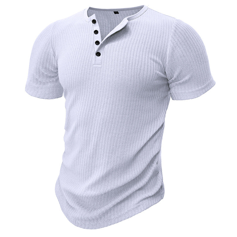 Slim Fit Short-sleeved Shirts Summer V-neck Button T-shirt Men's Clothing