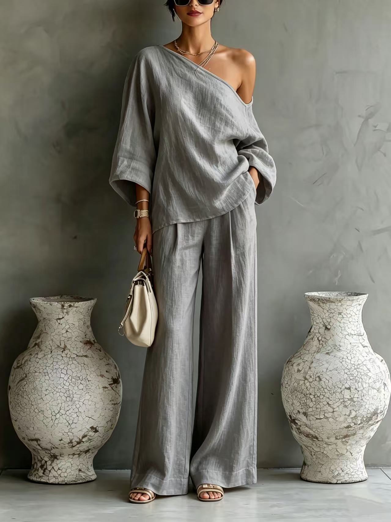 Elegant Off-shoulder Top And Loose Wide-leg Pants Set In A Relaxed, Laid-back Style