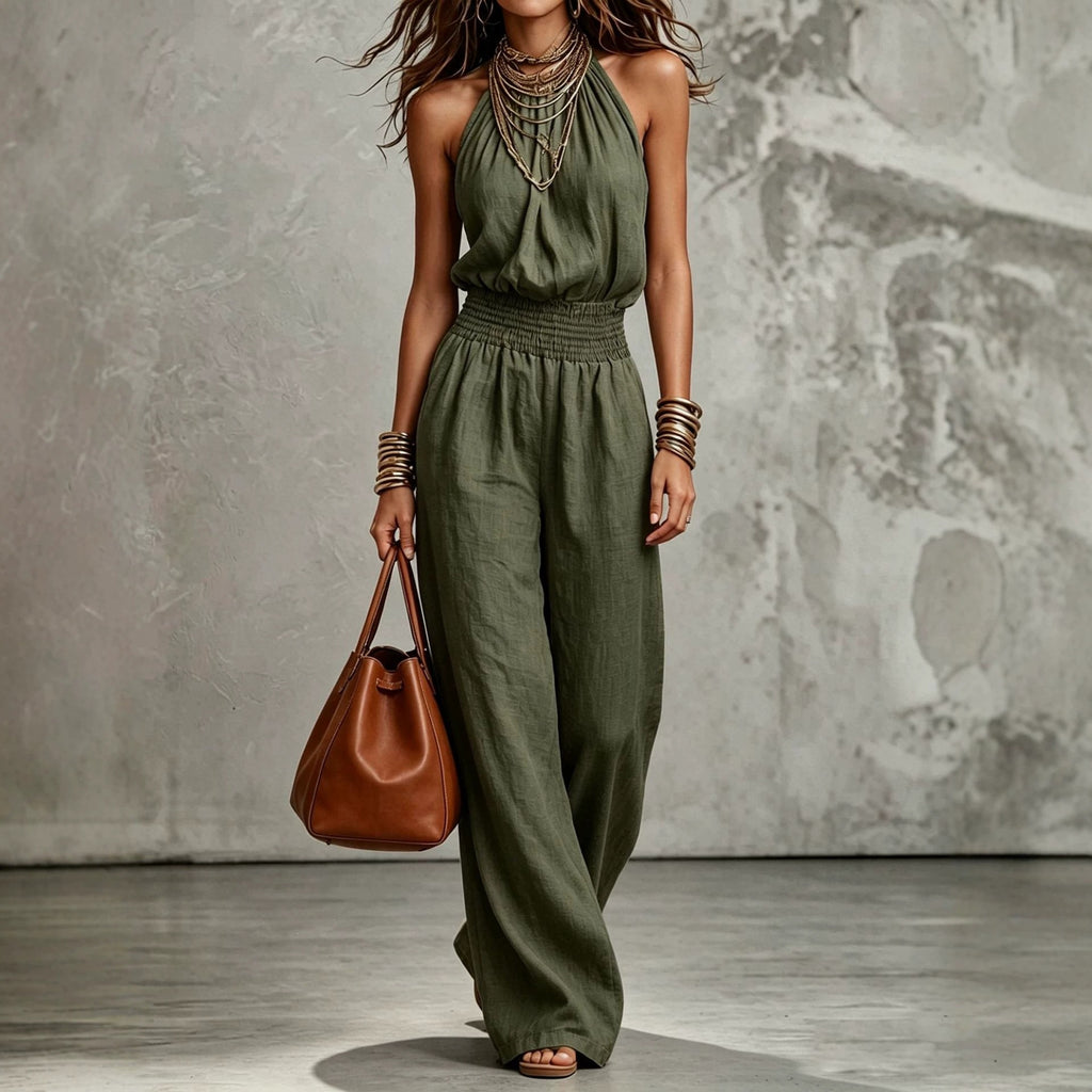 Womens Sleeveless Backless Cinched Waist Lace-up Halter Wide-leg Jumpsuit