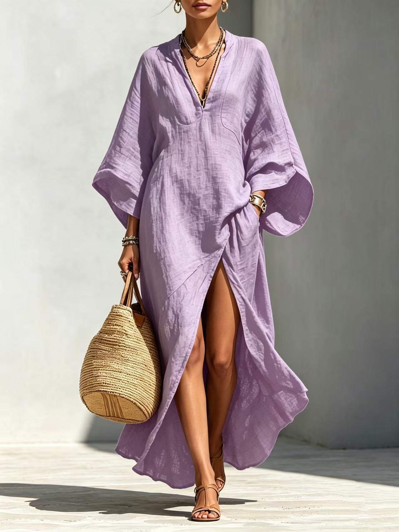 Batwing-sleeve Loose-fitting Maxi-length Resort Dress