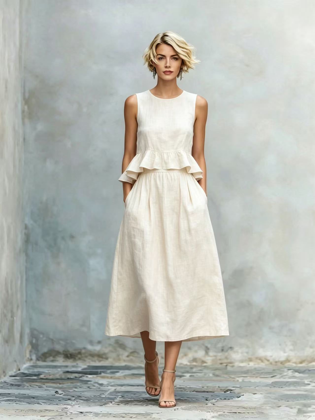 Sleeveless Crew-Neck High-Waisted Ruffle-Trim Resort-Style Dress